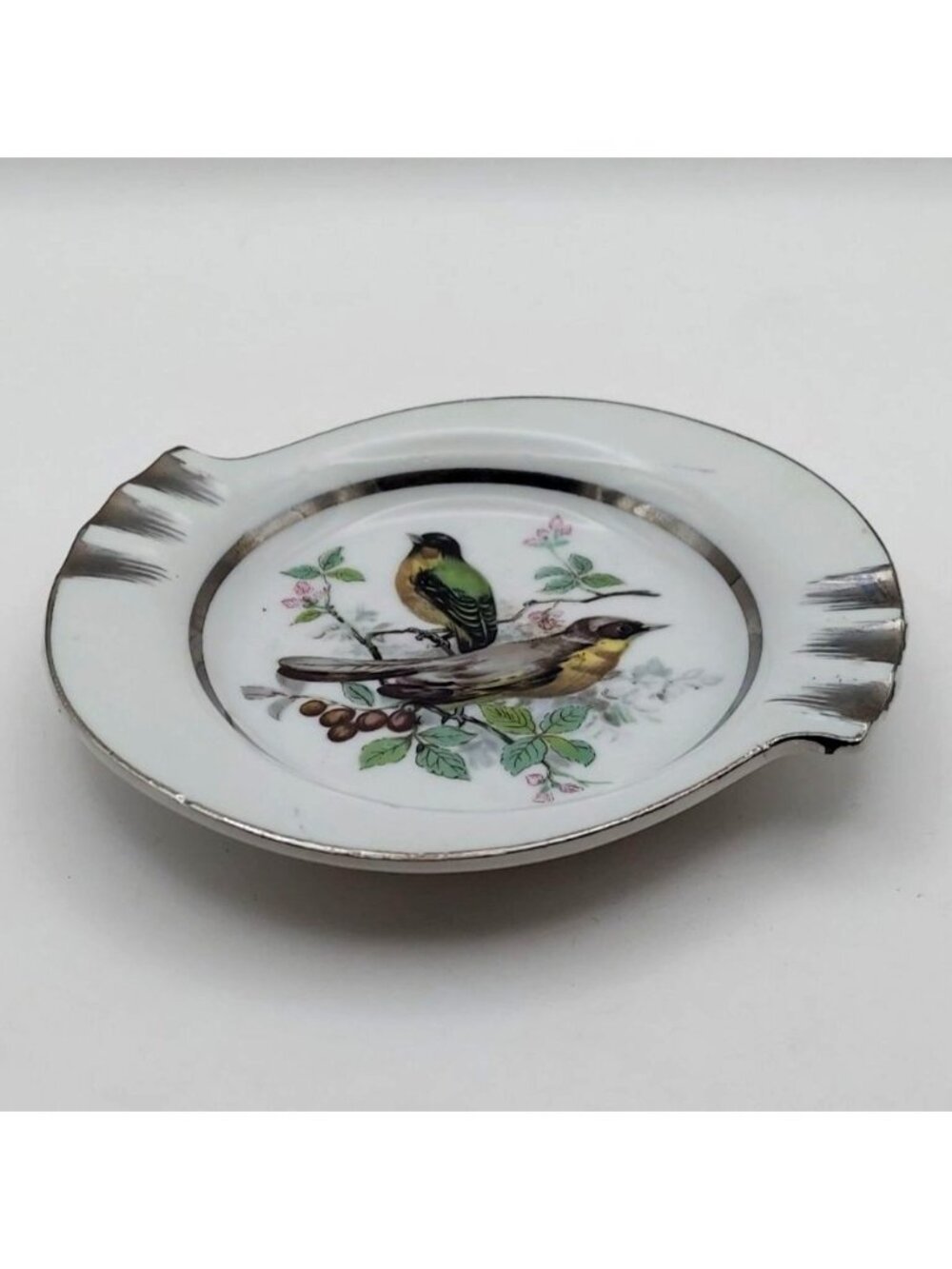 Norleans Porcelain Ashtray Birds on Branch Silver Trim Japan Mid-Century Modern